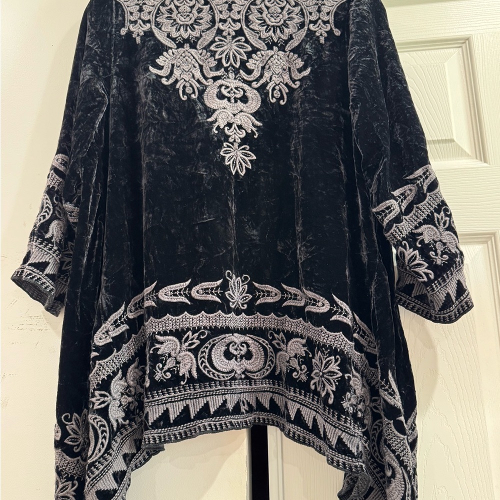 Johnny Was Black Velvet Top with White Embroidery